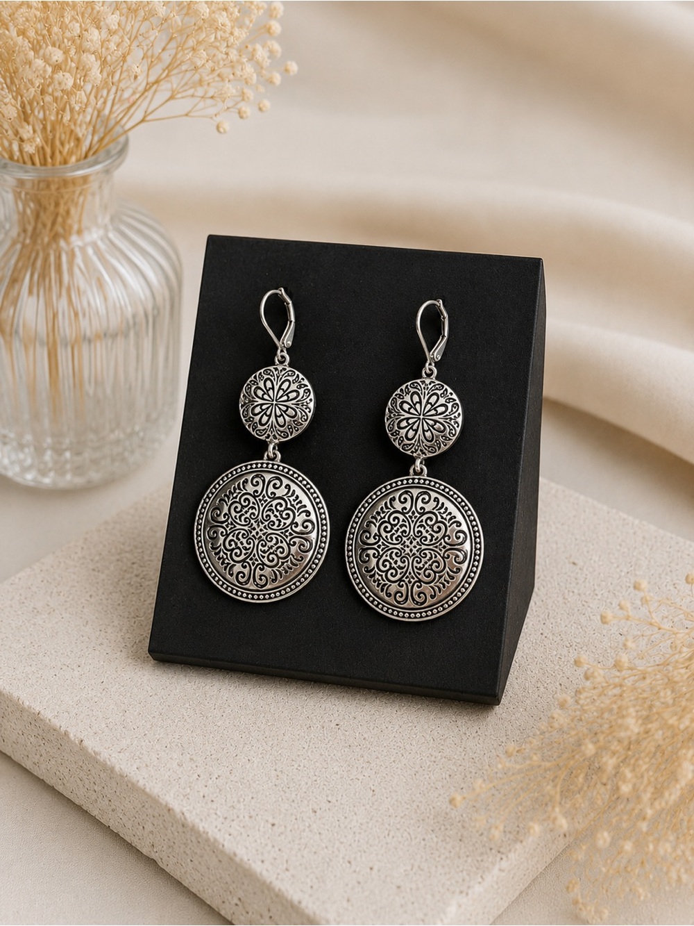 Silver Tone Filigree Medallion Drop Earrings – Boho Vintage Statement Earrings